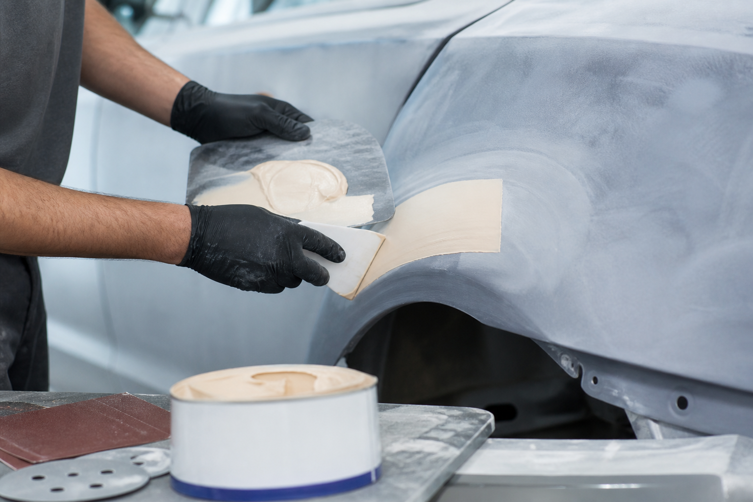 Body filler and panel prep on a collision repair